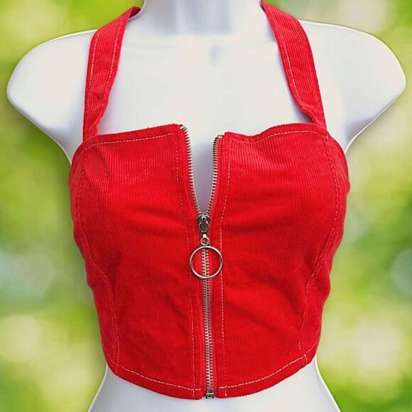 Urban Outfitters Corset Top Red Corduroy Crop Tank Top Zip Up Womens Medium - Picture 2 of 10